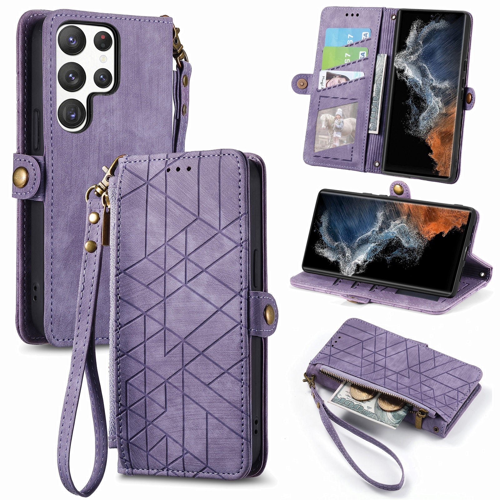 Zipper Pocket Phone Case for Samsung Galaxy S23 Ultra PU Leather Geometry Imprinted Wallet Stand Cover Zipper Pocket Phone Case for Samsung Galaxy S23 Ultra PU Leather Geometry Imprinted Wallet Stand Cover